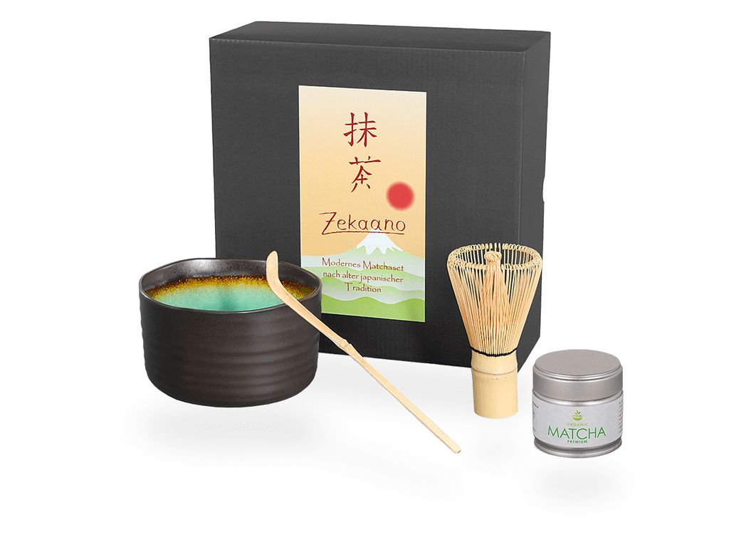 Matcha Set / Matchaset / Matcha Schale 500ml anthrazit/türkis, mit Besen/Löffel und Tee in Geschenkbox