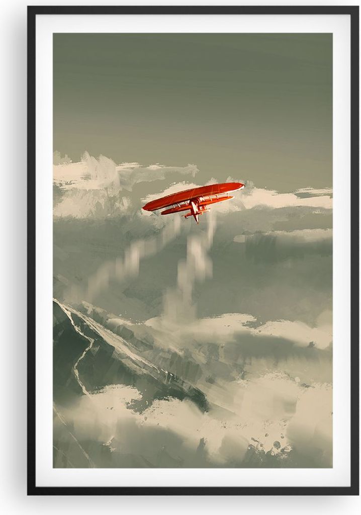 Gerahmtes Poster - Schwarzer Rahmen - Rot Flugzeug Berge - 61x91,5 cm - Wand Bild - Wanddeko - Wandbilder - Kunstposter - Wandposter - Bilderrahmen...