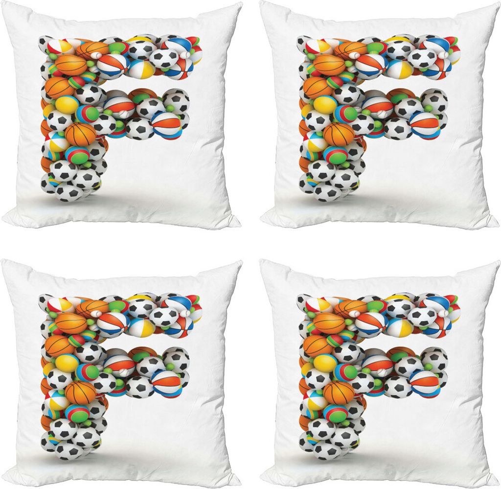 ABAKUHAUS Buchstabe F Kissenbezug Set (4 Stück), Sportbälle Zusammensetzung, Moderner Doppelseitiger Digitaldruck, 60 cm x 60 cm, Mehrfarbig