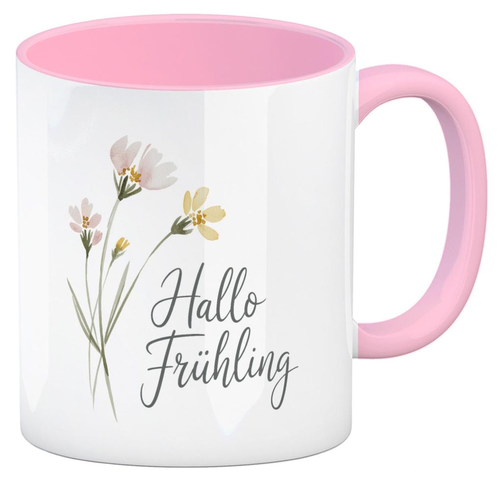 Aquarellblumen Hallo Frühling Kaffeebecher in rosa für Dekofans