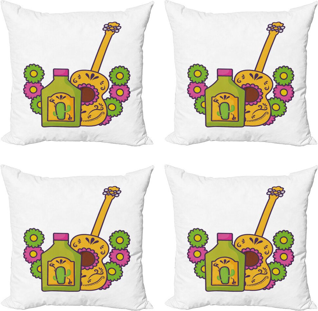 ABAKUHAUS Tequila Kissenbezug Set (4 Stück), Folkloric Mexican Gitarre, Moderner Doppelseitiger Digitaldruck, 40 cm x 40 cm, Mehrfarbig