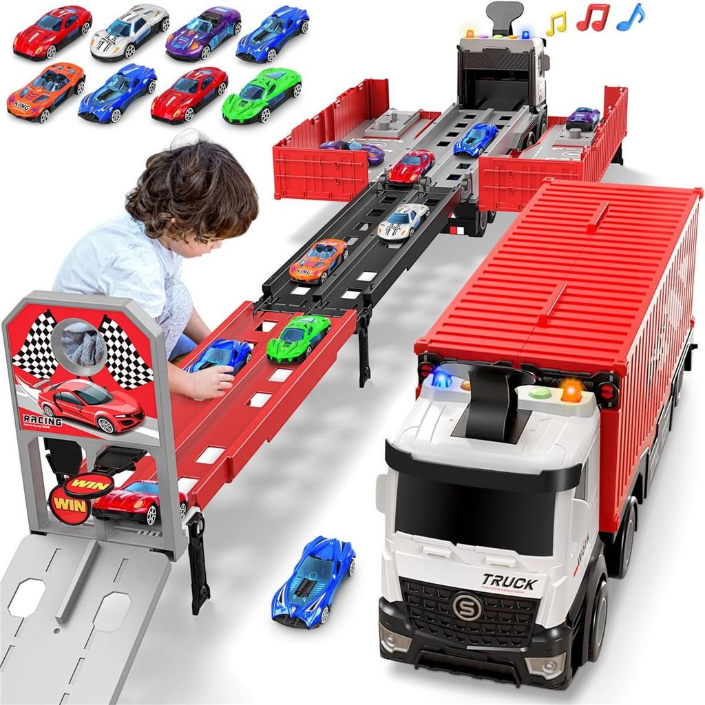 Kinderspielzeug ab 2 3 4 5 6 Jahre, Auto Transporter Geschenk Junge 2-6 Jahre, LKW Spielzeug 121 cm Truck Spielzeugauto mit 8 Rennautos fuer Kinder...