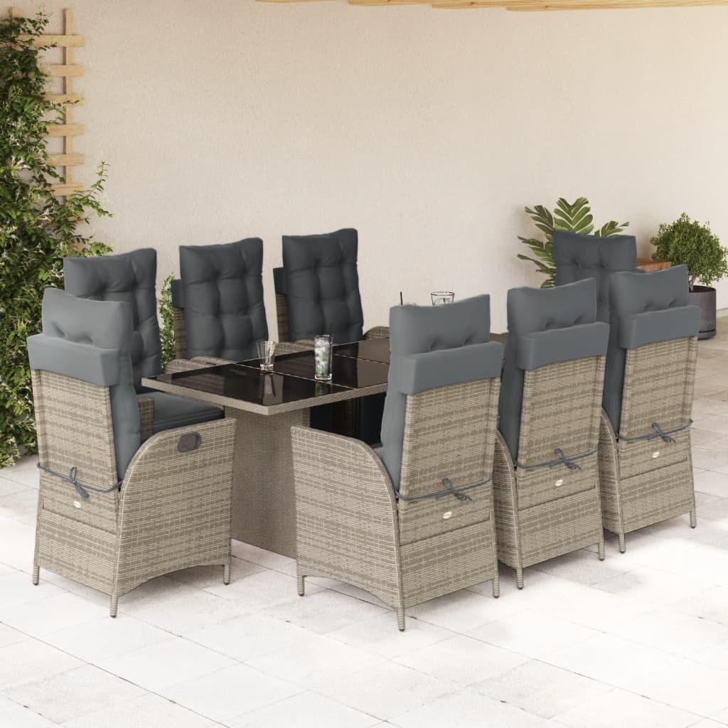 "2026 Promotion" 9-tlg. Garten-Essgruppe - mit Tisch und Stühlen - mit Kissen - Grau Poly Rattan - Gartenmöbelset CC11873