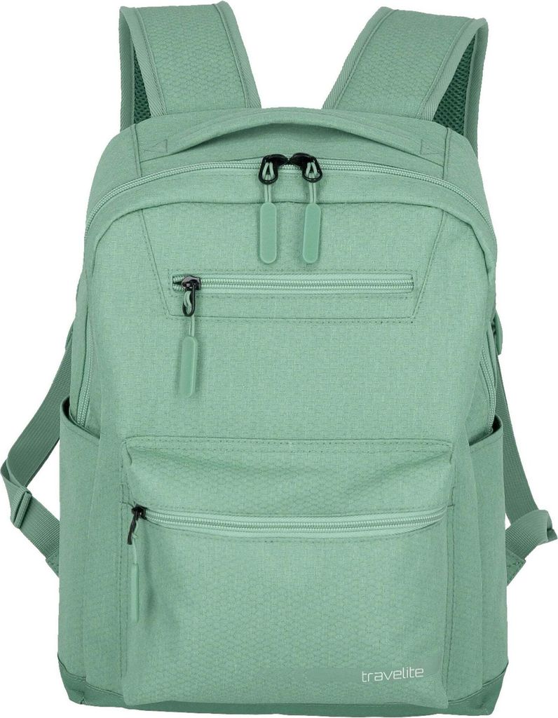 A green Travelite backpack is shown against a white background.