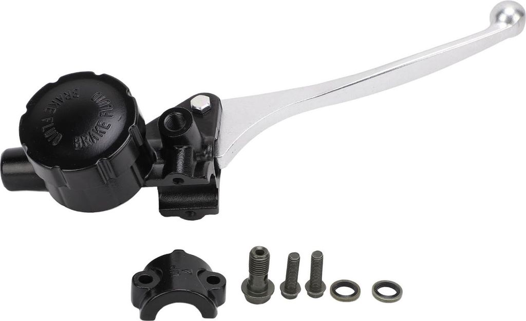 A motorcycle brake master cylinder assembly with attached reservoir and lever, along with mounting hardware, displayed against a white background.