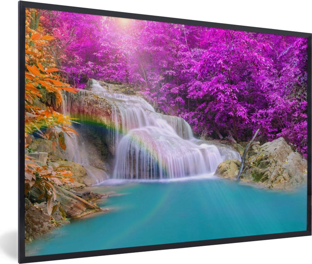 MuchoWow Gerahmtes Poster Wasserfall - Bäume - Regenbogen - Lila 60x40 cm - Poster mit Schwarzem Bilderrahmen Wandposter Rahmen Foto Bilder - Pr...