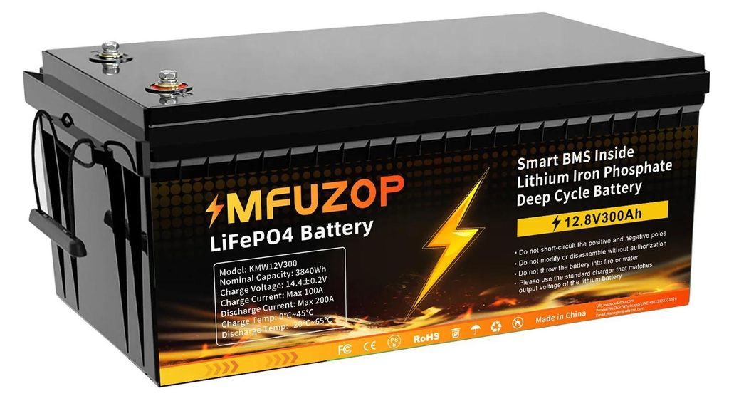 LiFePO4 Akku - 12V 300Ah Deep Cycle - 3840Wh - 200A BMS - 240A Spitzenentladung - Max 100A Laden - 1 Stück