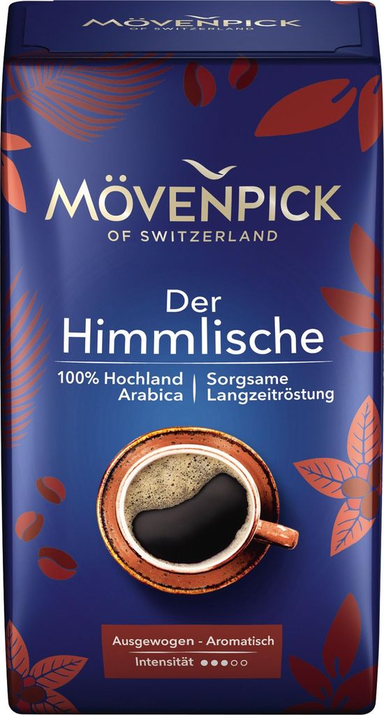 A bag of Mövenpick coffee with a cup of coffee depicted.