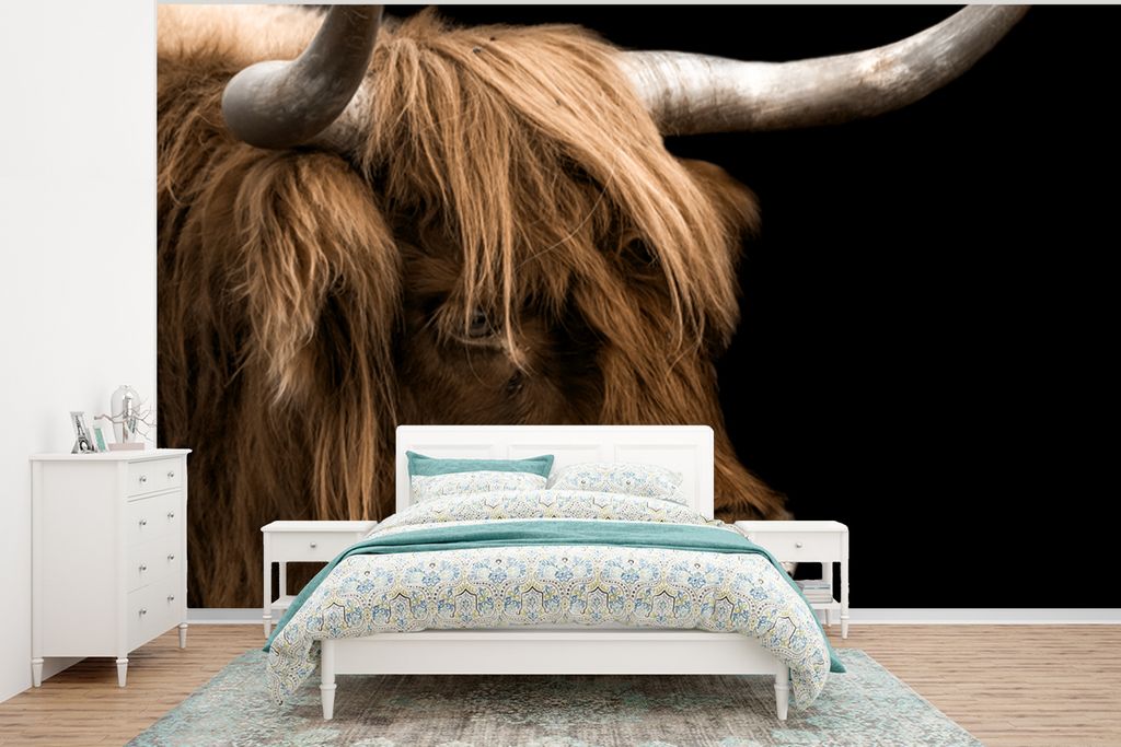MuchoWow Fototapete für Wohnzimmer oder Schlafzimmer Wandtapete Vinyl Motivtapete Schottischer Highlander - Tiere - Schwarz - 295x220 cm - Wand ...
