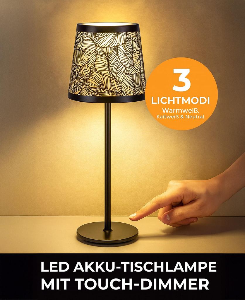 Formano LED Akku Tischlampe 41 cm mit Touch-Dimmer USB-Ladeanschluss inkl. Kabel