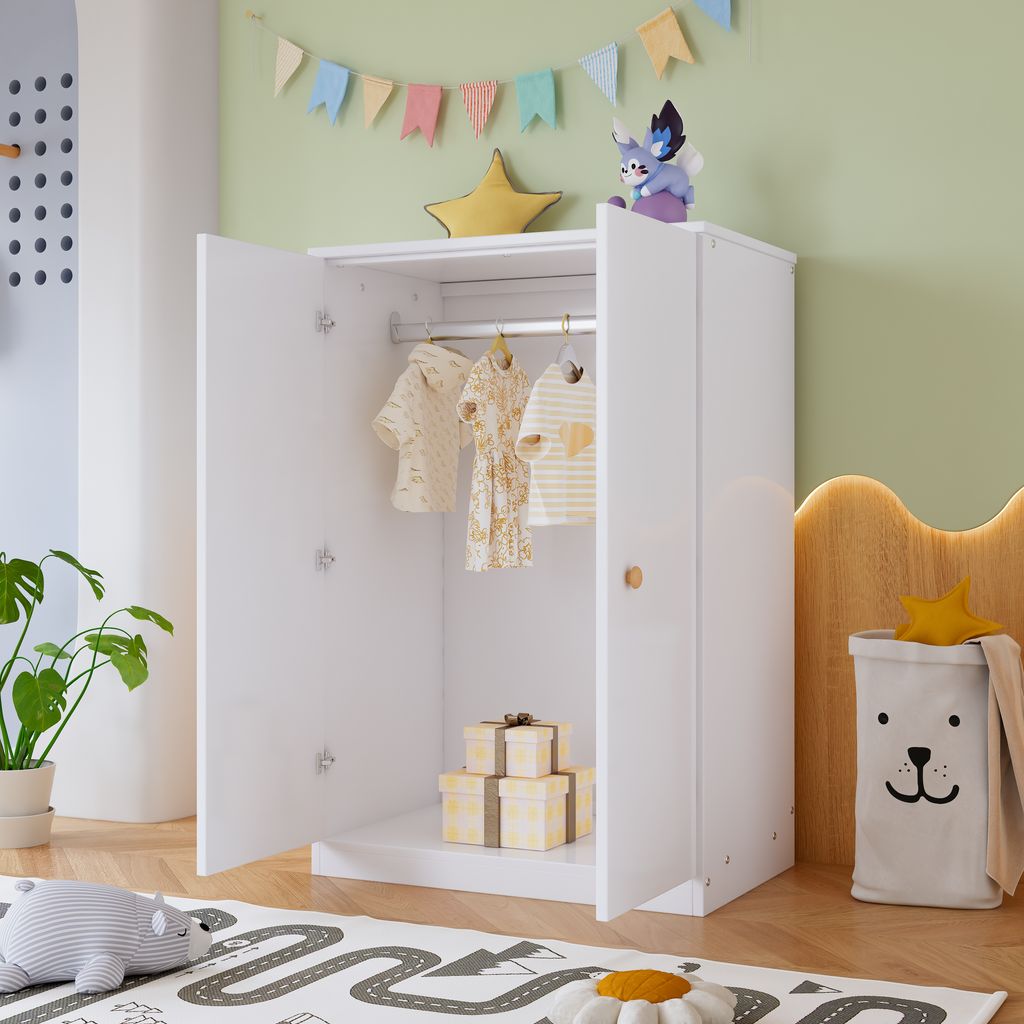 okwish Kleiner Kleiderschrank mit Stange, 2-türiger Kleiderschrank, Schlafzimmer, Wohnzimmer, Kinderkleiderschrank, MDF, Weiß