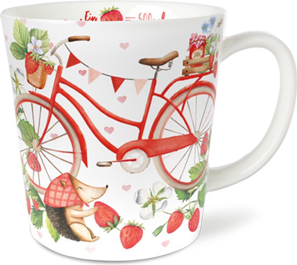 Kaffeebecher Erdbeerpicknick, Igel mit Fahrrad, Kaffeetasse Tasse Teetassen Henkelbecher