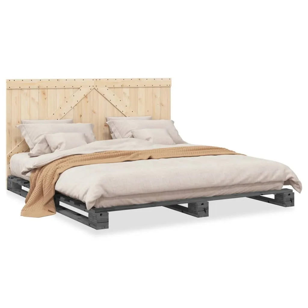 Grand lit double 200x200 cm en bois massif gris avec tête de lit
