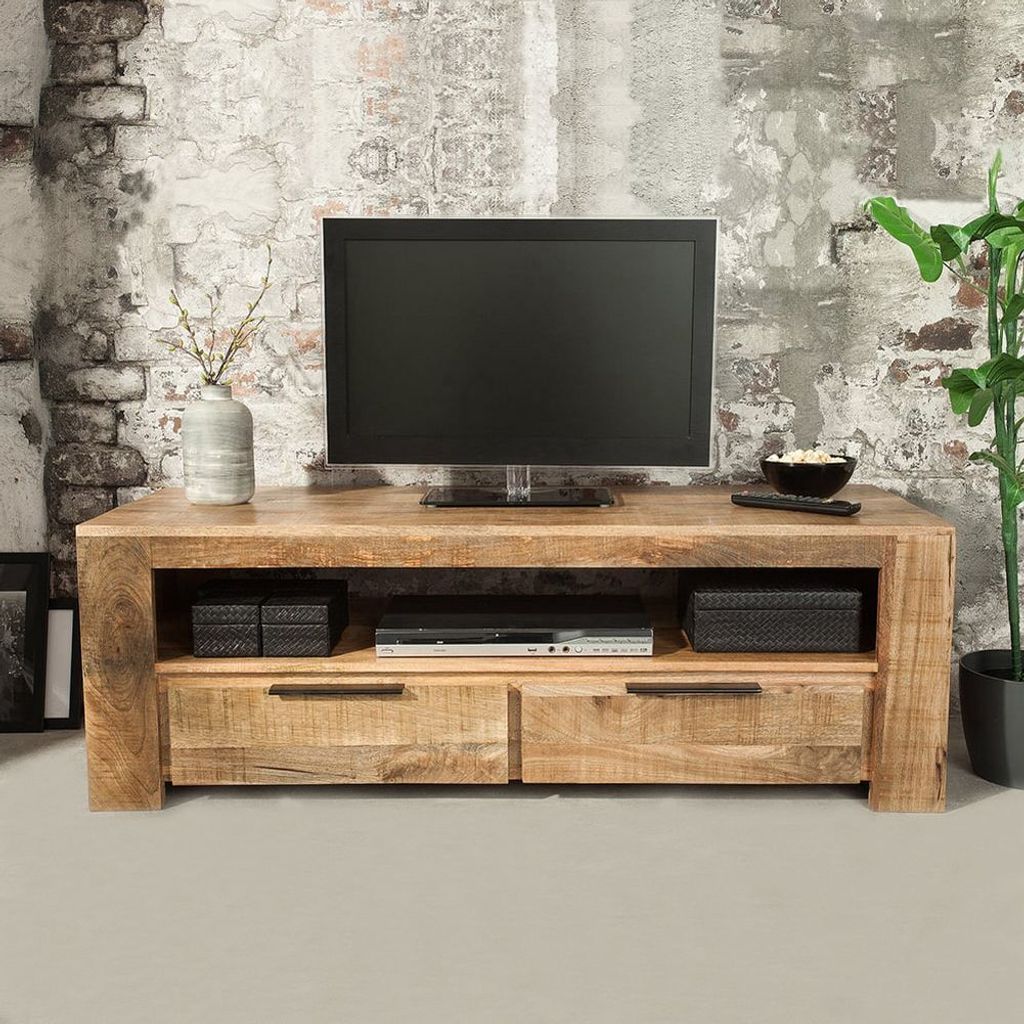 cagü: TV-Tisch TAMAN Natur Mangoholz massiv mit drei Schubladen und ein Fach 130cm x 45cm x 45cm