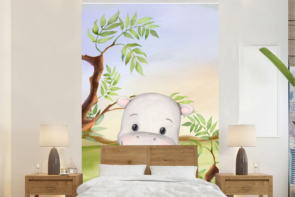 MuchoWow Fototapete für Wohnzimmer oder Schlafzimmer Wandtapete Vinyl Motivtapete Nilpferd - Tiere - Natur - 225x350 cm - Schlafzimmer tapete