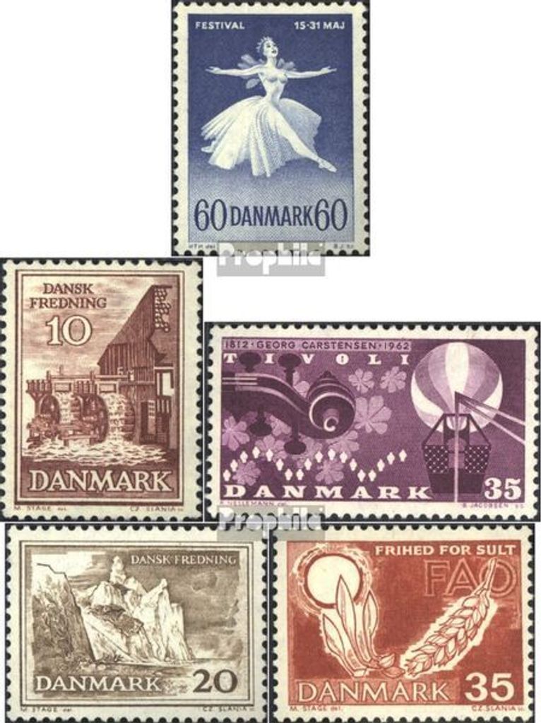 Briefmarken Dänemark 1962 Mi 403y,404y,407y,408y,409y (kompl.Ausg.) floureszierendes Papier postfrisch Ballett- und Musikfestspiele