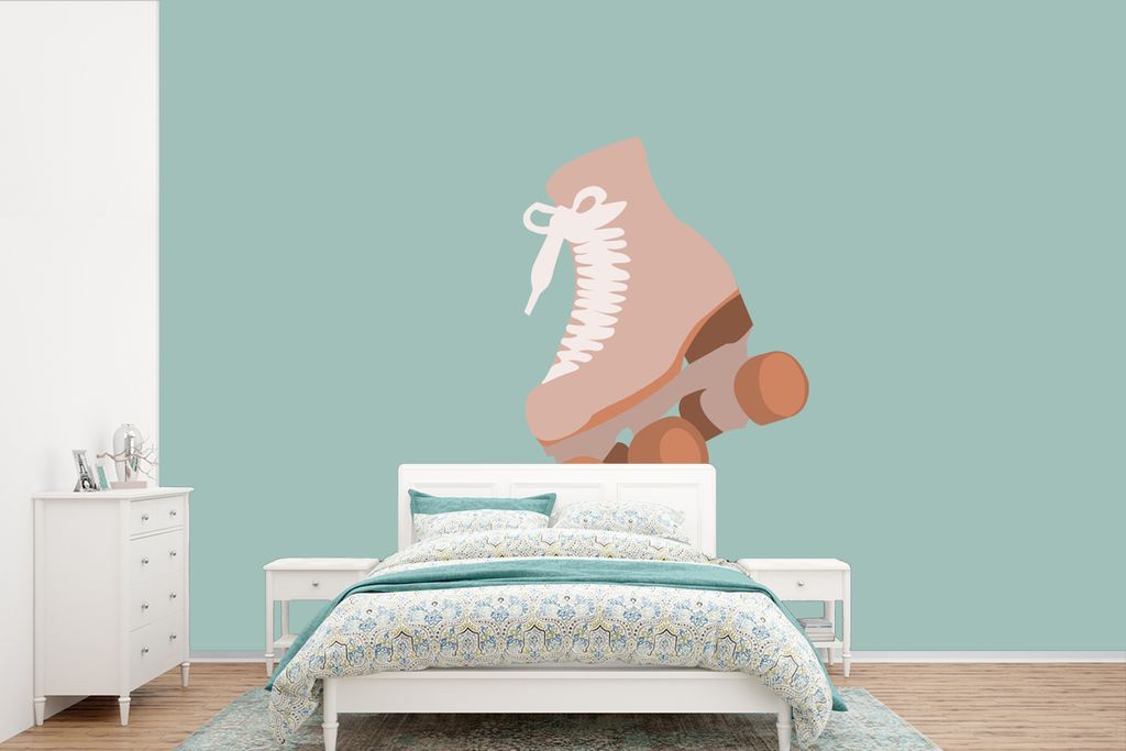 MuchoWow Fototapete für Wohnzimmer oder Schlafzimmer Wandtapete Vinyl Motivtapete Sommer - Rollschuh - Blau - 450x300 cm - Gemusterte