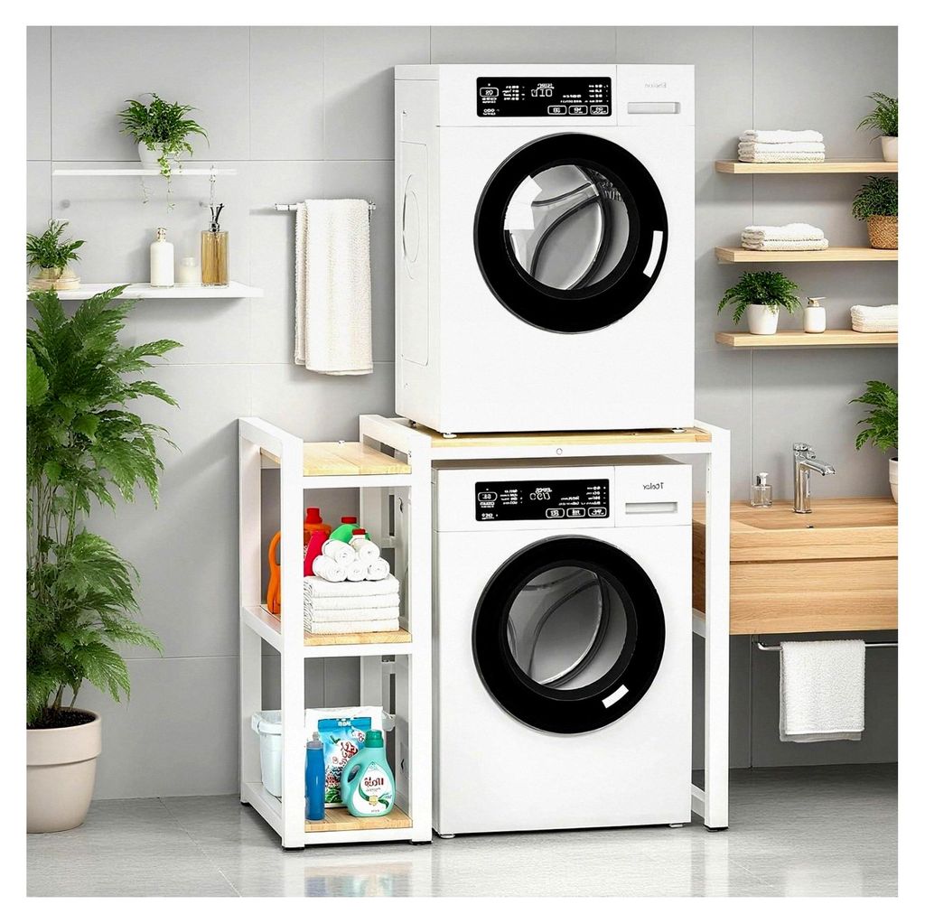 Aufbewahrungsregal für Waschmaschine und Trockner, Regal über Waschmaschine mit seitlichen Ablagen, höhenverstellbar, für Badezimmer, Küche, B...