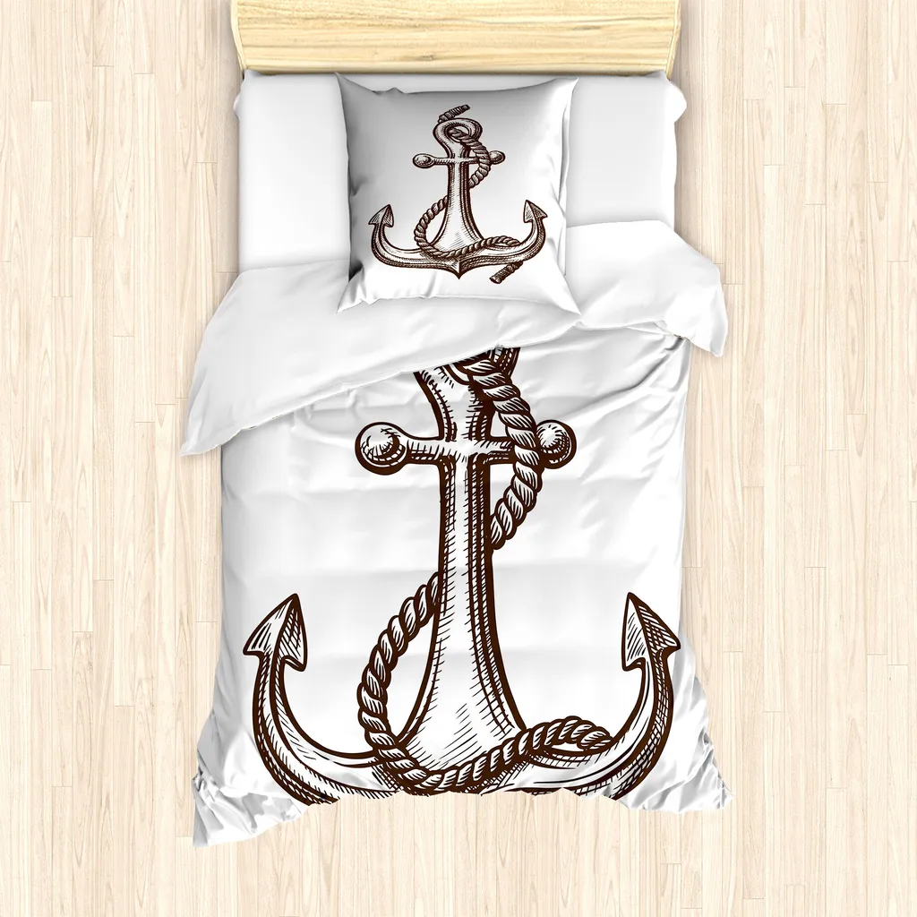 ABAKUHAUS Set copripiumino vintage Nautical Tattoo per letti singoli, Cruise Sign Sketch, antiacaro e anallergico con federa, 135 cm x 200 cm - 80 x 80 cm, cioccolato e bianco