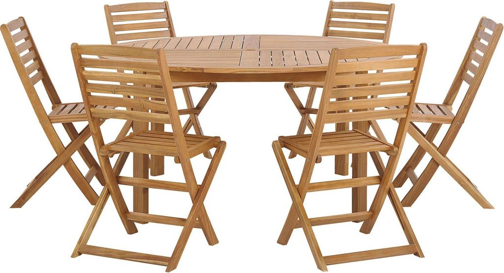 BELIANI Gartenmöbel Set Braun Akazienholz runder Tisch 150 cm mit 6 klappbaren Stühlen Landhaus Stil Terrasse Balkon Garten Möbel
