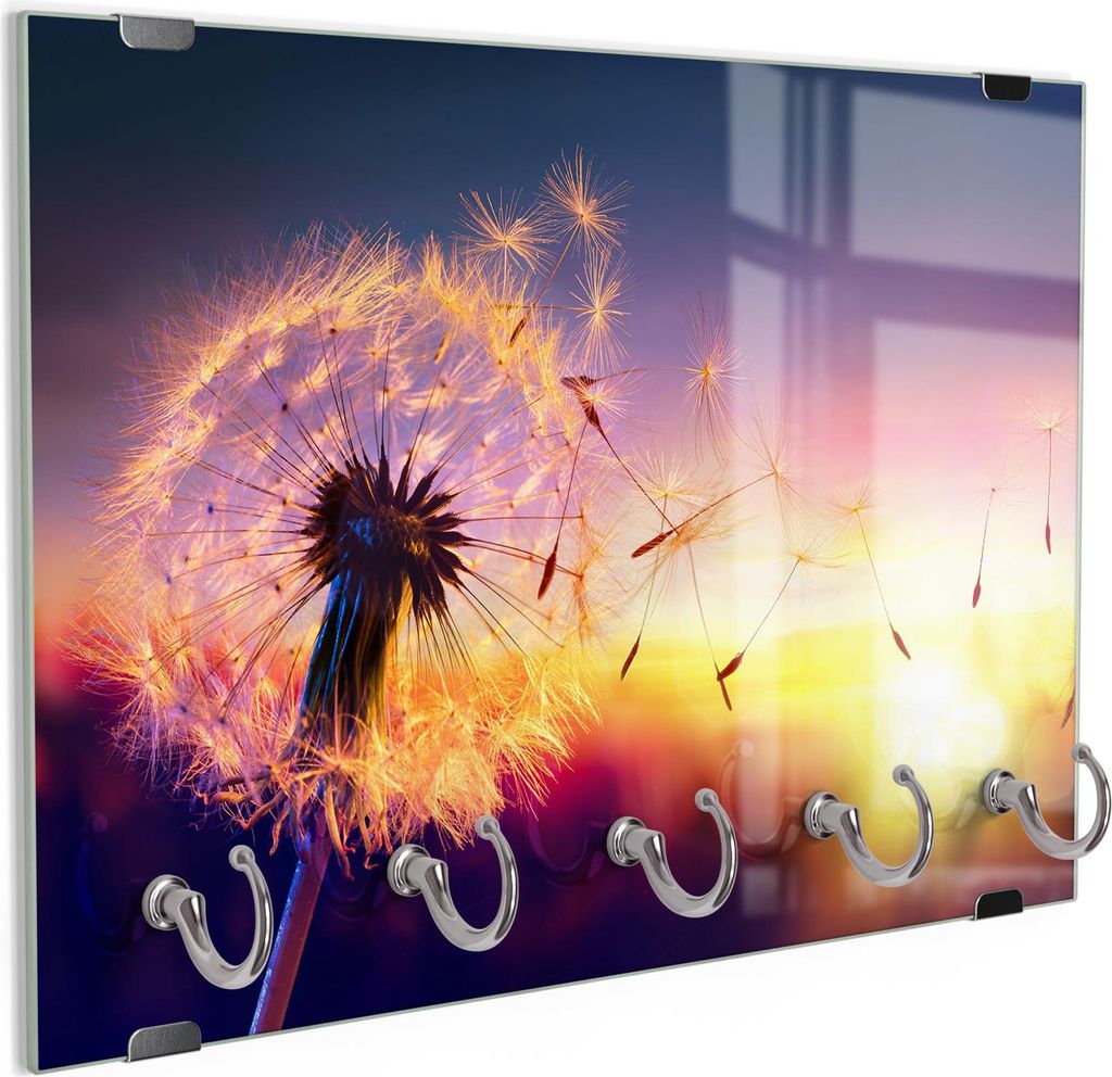 DEQORI Schlüsselbrett Glas 30x20 cm 'Pusteblume im Abendlicht' Schlüssel Halter Haken