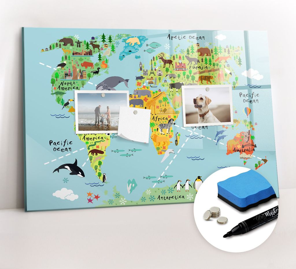 Magnetpinnwand Memoboard - Zubehörsatz - Schwarzer Marker + Schwamm + Magnete - 60 x 40 cm - Weltkarte mit Tieren