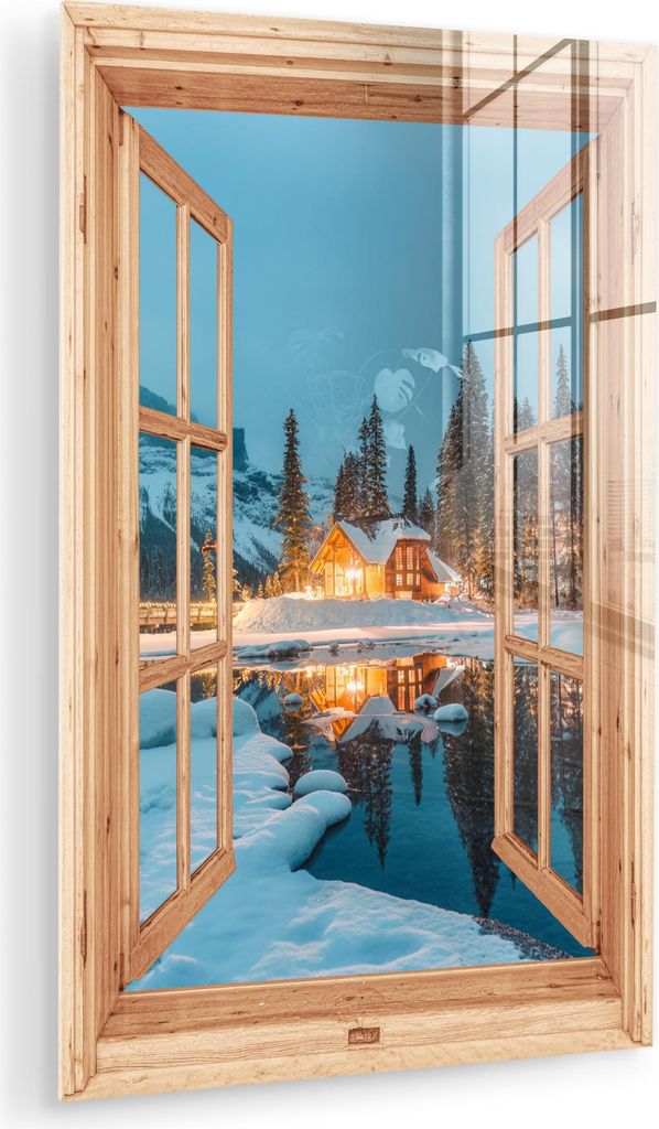 MuchoWow Glasbilder - Bilder auf Wandbild - Foto auf Glas Winterlandschaft - Natur - Haus - Berge - Aussicht - Fenster 80x120 cm Wanddekoration aus...