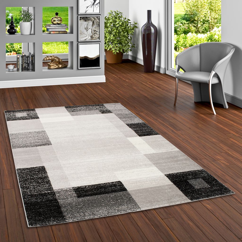 Designer Teppich Tango Grau Anthrazit Bordüre, Größe:80x150 cm