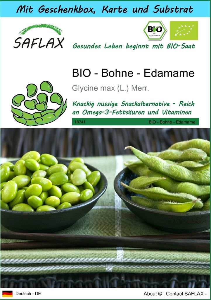 SAFLAX - Geschenk Set - BIO - Bohne - Edamame - 8 Samen - Mit Geschenk- / Versandbox, Versandaufkleber, Geschenkkarte und Anzuchtsubstrat - Glycine