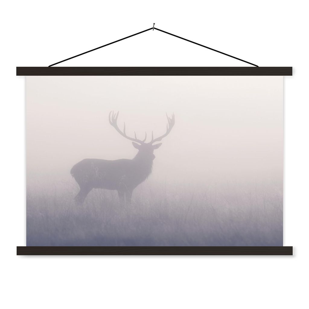 MuchoWow Textilposter Hirsche - Nebel - Morgen 120x80 cm mit schwarzem Rahmen - Wanddeko