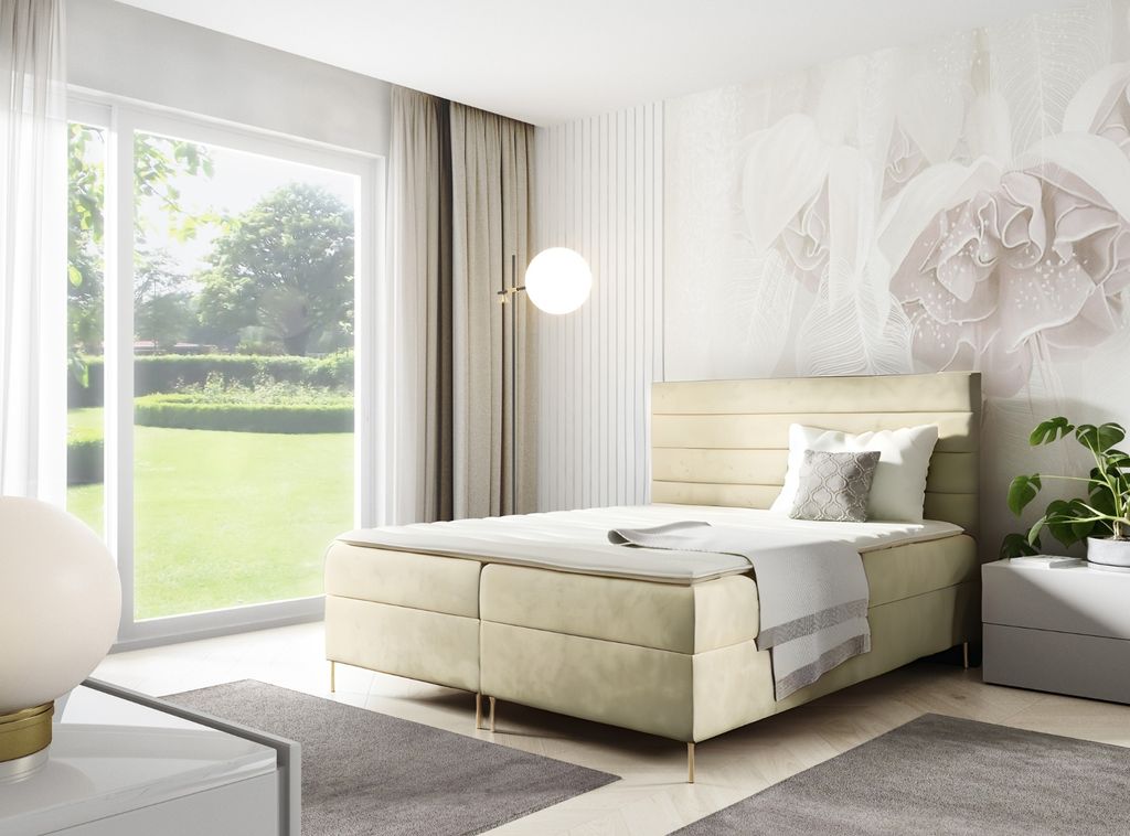 GUTTO Boxspringbett DAKOTA 200 x 200cm 2x Bettkasten TOPPER 5cm Gratis Beige Velour hohe goldene Beine