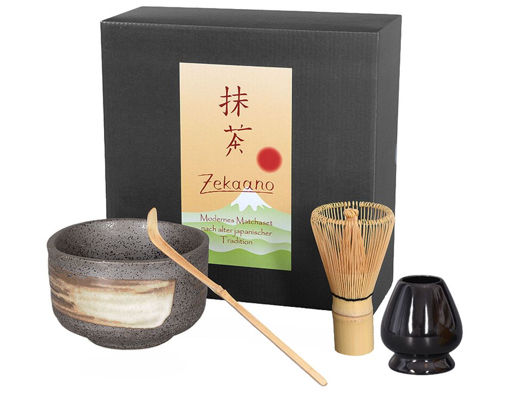 Matcha Set / Matchaset mit japanischer Matcha Schale 390ml, anthrazit/beige, mit Besen/Löffel/Halter in Geschenkbox