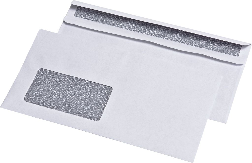 MAIL media Briefumschlag DIN lang, mit Fenster, selbstklebend, weiß, 75g/qm, grauer Innendruck, blickdicht, Sicherheitsschlitz, Zahlenmeerinnendru...
