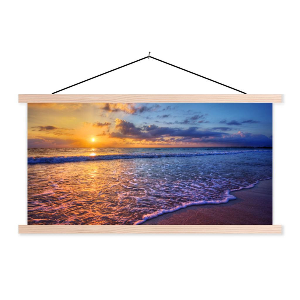 MuchoWow Textilposter Meer - Strand - Sonnenuntergang - Wolken - Horizont 60x30 cm mit holzfarbenen Rahmen - Dekoration