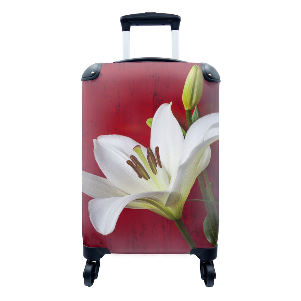 MuchoWow Koffer Handgepäck Trolley Rollkoffer Kleine Reisekoffer mit 4 Rollen - Weiße Lilie vor einer roten Wand - Cabin Size < 55x40x23 cm & 5...