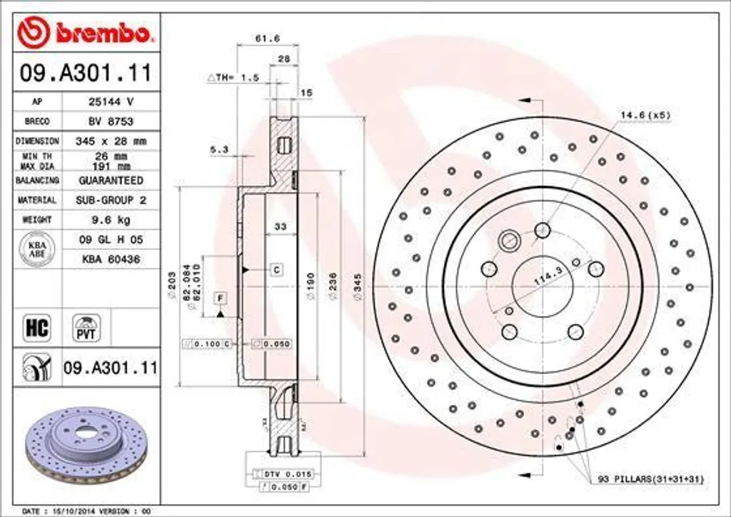 Disque de frein BREMBO 09.A301.11 pour IS II (E2) - Qualité OE 424310W030