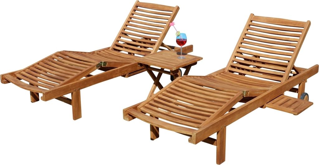 ALEOS. 2x Hochwertige TEAK Sonnenliege Gartenliege Strandliege Liegestuhl Holzliege Holz sehr robust Modell: COZY+ 1x Beistelltisch 45x45cm