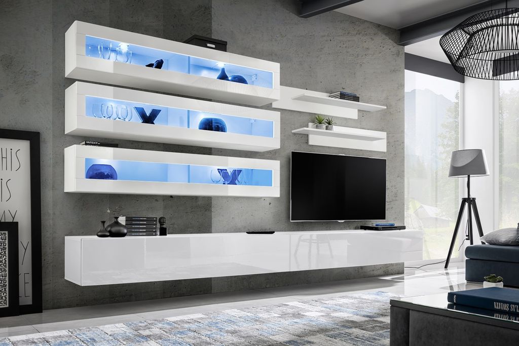 Anbauwand Wohnwand Wohnzimmer Schrankwand FLY J2-3 mit Hochglanz Push - Click Led