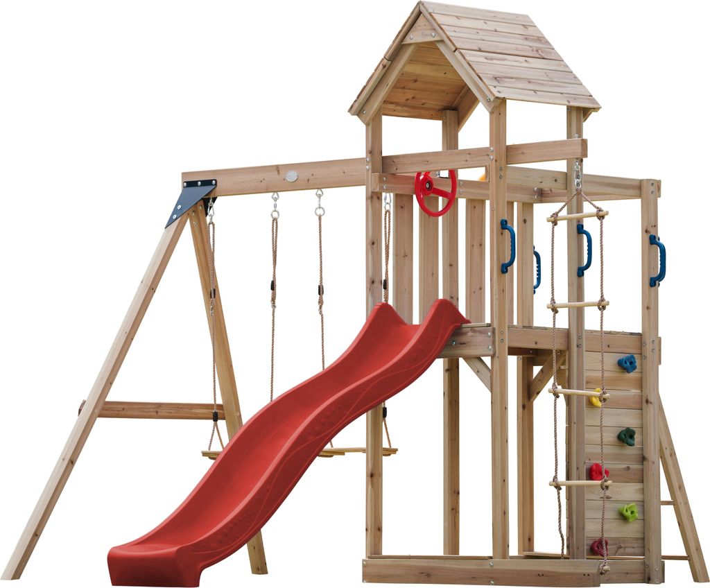 AXI Moos Spielturm aus Holz mit 2 Schaukeln & Strickleiter | XXL Spielhaus / Spielplatz für Kinder mit Kletterwand, Sandkasten & Rutsche in Rot | ...