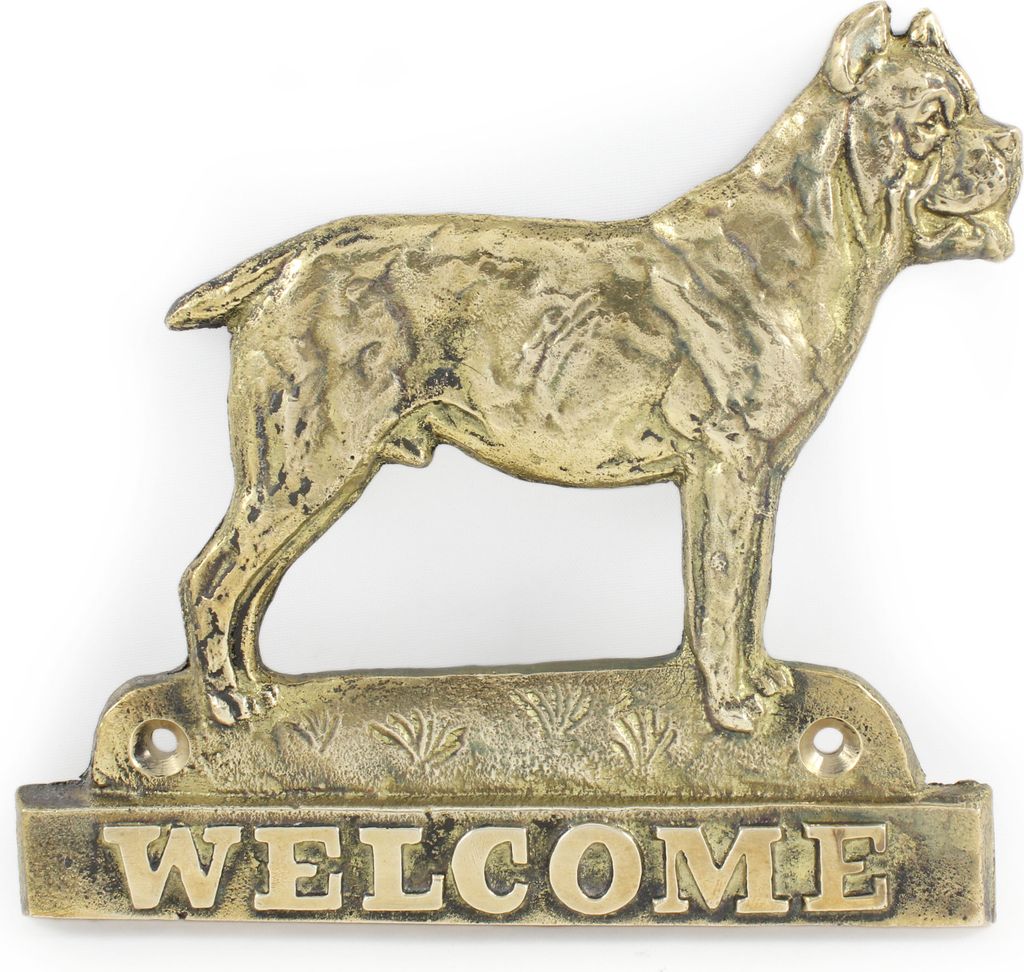 Cane Corso, Italienischer Corso-Hund, Cane di Macellaio - Türschild mit Hund, messingfarbenes Willkommensschild, einzigartiges Schild mit der Aufs...