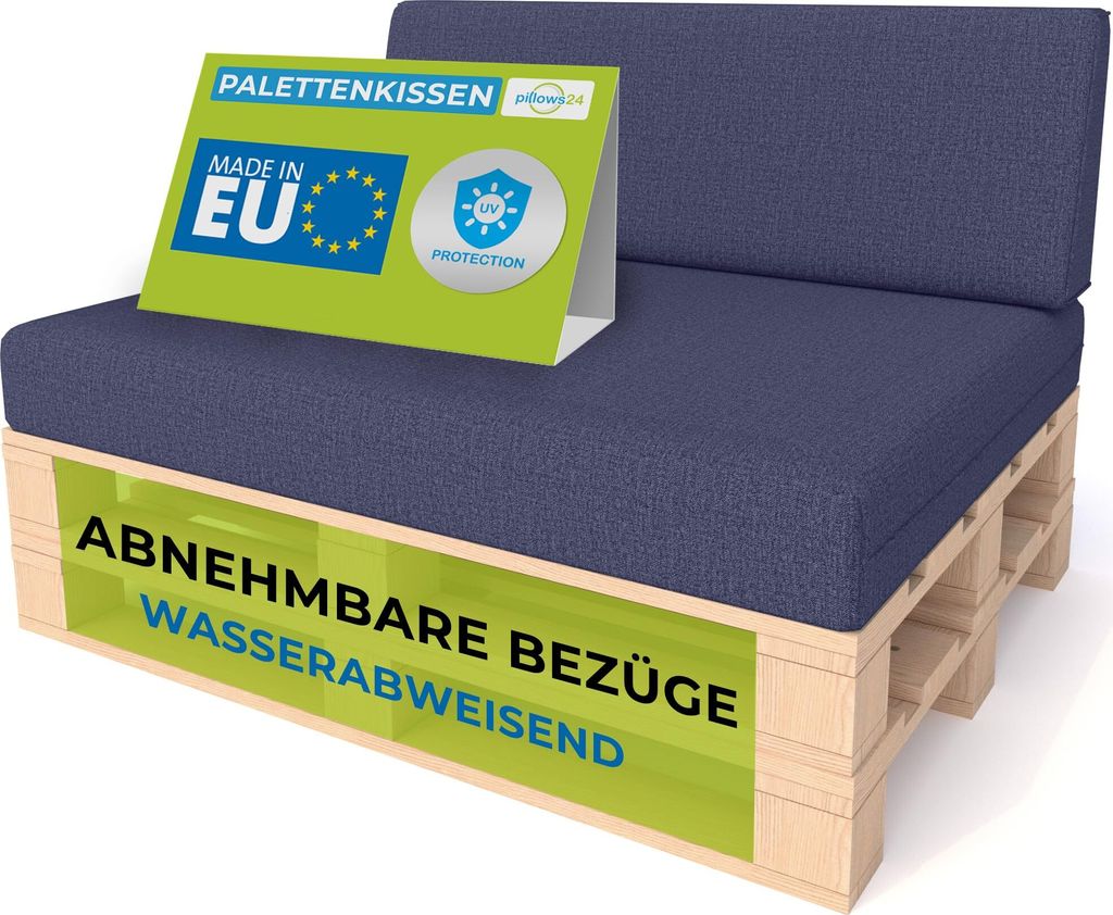 Pillows24 - Palettenkissen mit abnehmbarem Bezug - 2ER SET | Polster für Europaletten 120x80 Sofa - Wasserfest - Outdoor/Indoor | Blau