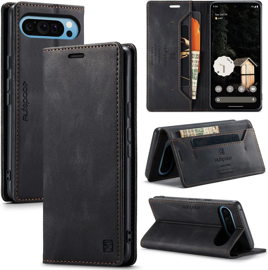 Custodia per Google Pixel 9 Pro XL Retro Custodia in Finto cuoio, supporto e custodia protettiva Nero