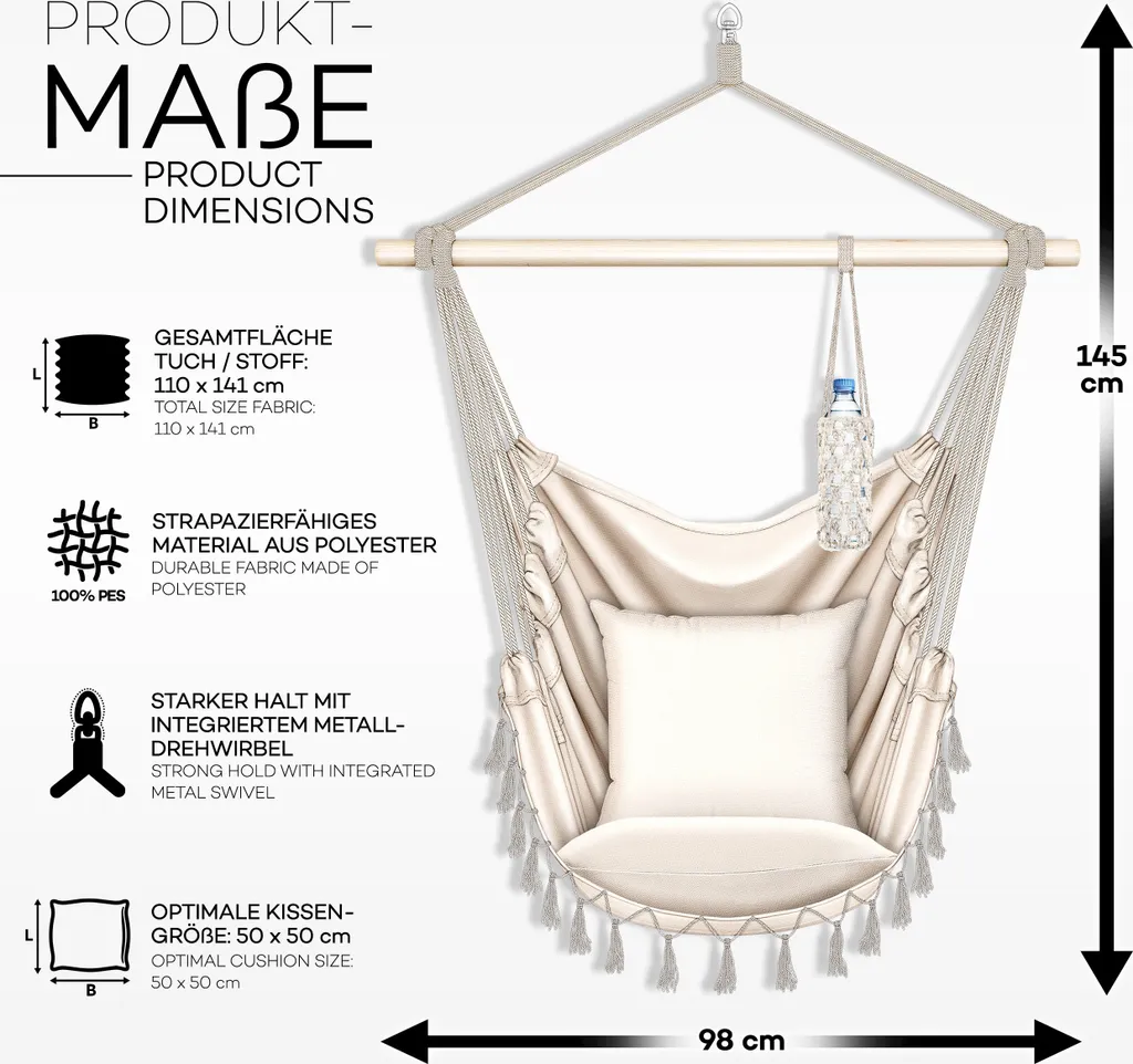 Fauteuil Suspendu Beige Résistant Intempéries avec Porte-Gobelet Intégré