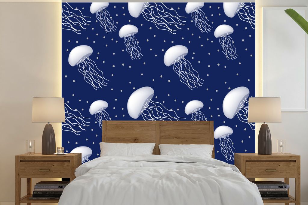 MuchoWow Fototapete für Wohnzimmer oder Schlafzimmer Wandtapete Vinyl Motivtapete Muster - Wasser - Quallen - Jungen - Kinder - Baby - 350x350 c...