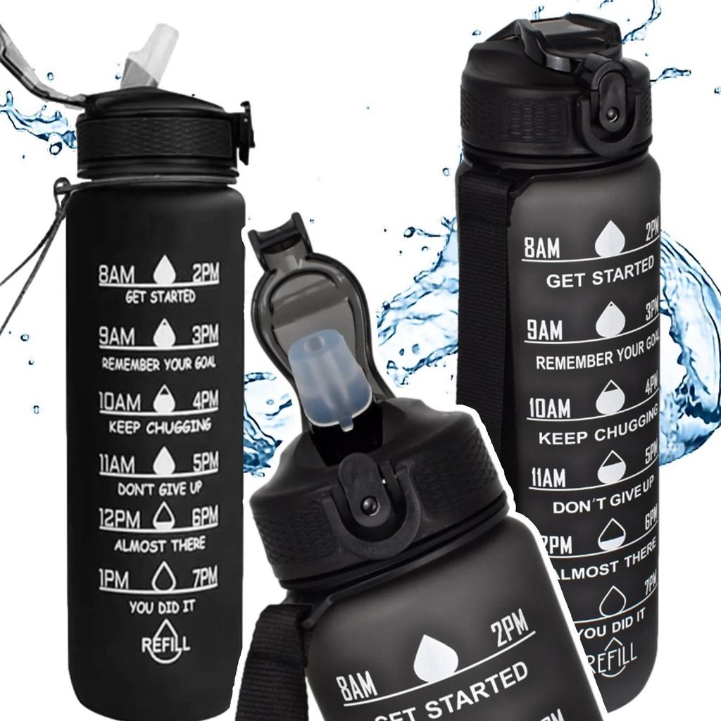Motivations-Wasserflasche 1000 ml Sport-Trinkflasche mit Skala, Strohhalm, auslaufsicher, Fitness-Gym, schwarz