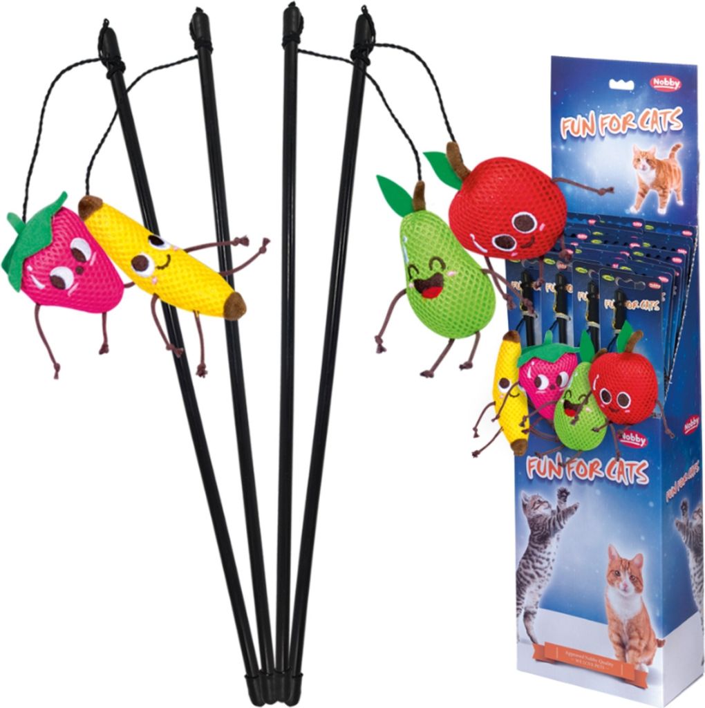 Angel "Crazy Fruits" mit Catnip Display 24 Stück, Stab: 50 cm, Band mit Spielzeug: 57-62 cm