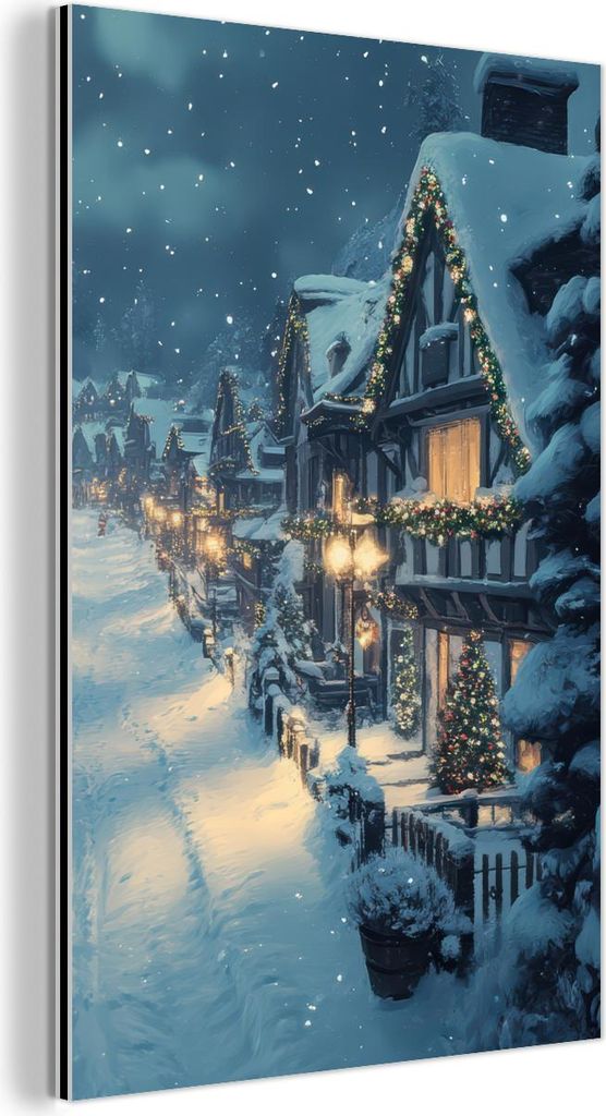 MuchoWow Wanddekoration Metall Metallbild Wandkunst 40x60 cm Weihnachtsdorf - Weihnachten - Schnee - Winter MuchoWow Aluminium Gemälde - Wanddekor...