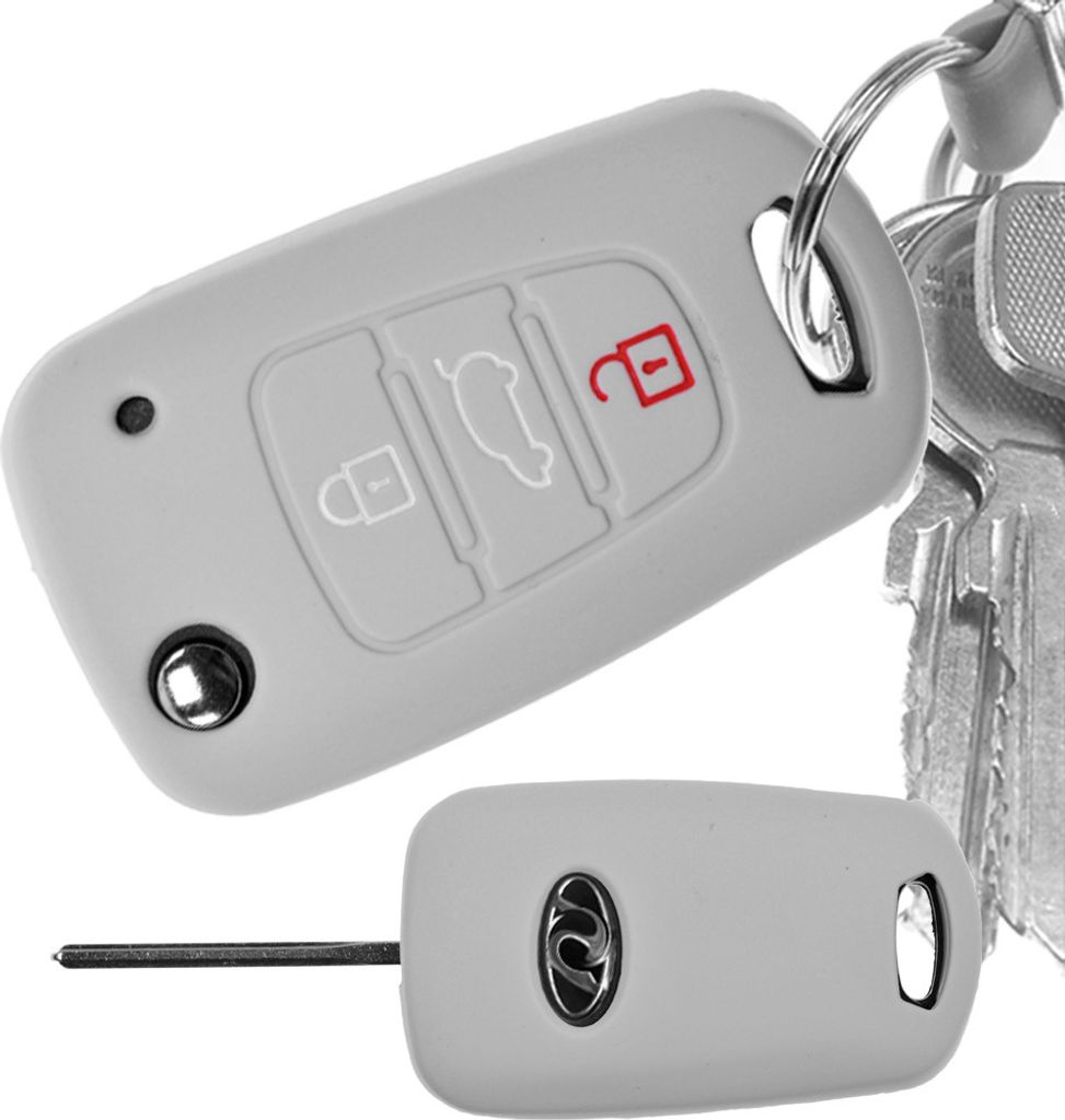Auto Schlüssel Hülle Silikon Schutz Cover Grau kompatibel mit Hyundai i30 ix20 ix35 KIA Soul Sportage 3 Tasten Klappschlüssel