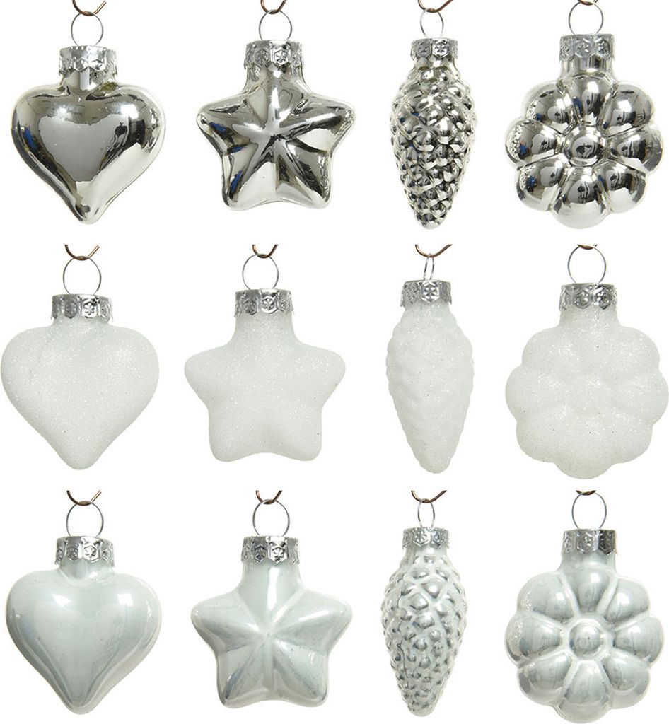 Weihnachtskugeln Glas Figuren Mix 4cm 12er Set - Winterweiß Produktbild 
