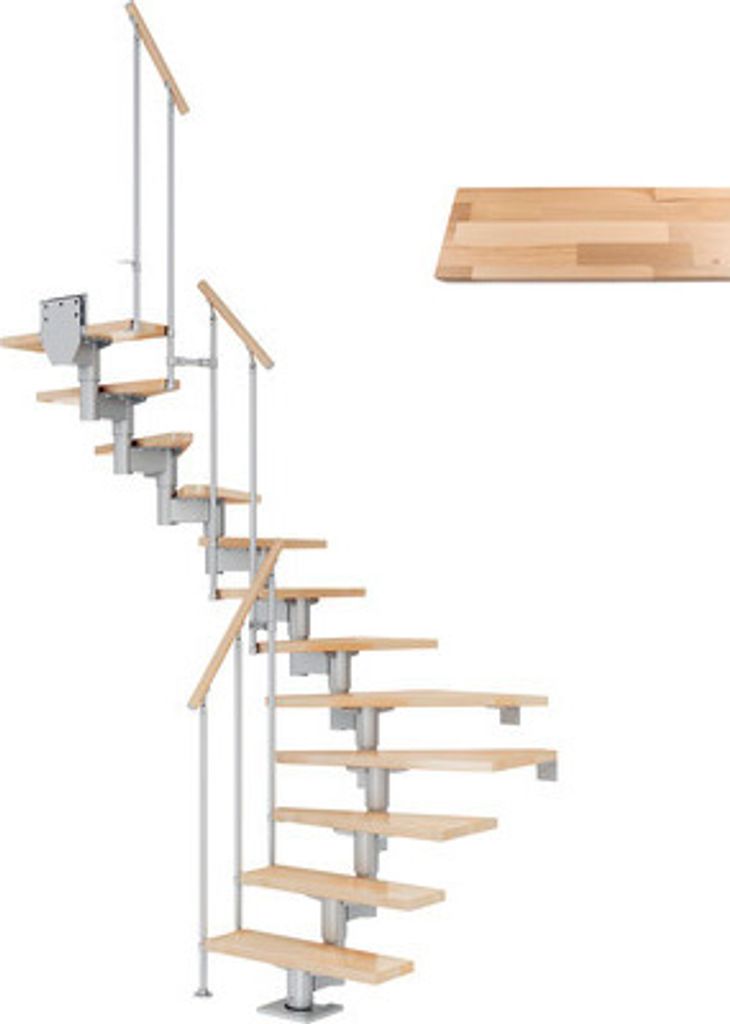 Pertura Mittelholmtreppe Chiron Buche Leimholz Perlgrau 1/2-gewendelt 75 cm 13 Stufen / 14 Steigungen Stabgeländer Grau